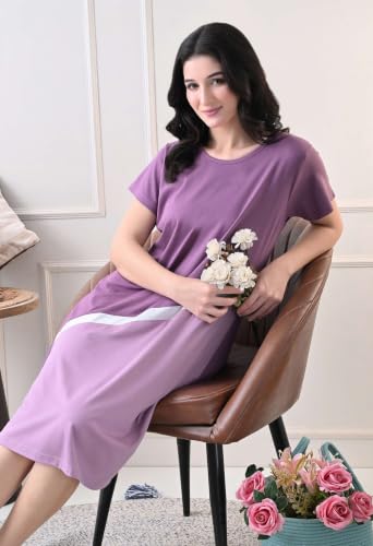 Image of Women's Night Dress Short Sleeve Round Neck Sleepwear with Stylish Contrast Panel, Comfortable Nightwear for Women