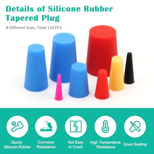 110+90 PCS Silicone Rubber Tapered Plug Set, Coldairsoap 110PCS High-Temperature Resistant Rubber Stoppers and 90PCS Silicone Rubber Protective End Cap Kit for Hole Plugs, Spraying, Coating, Painting - Thumbnail 3