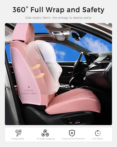 Image of Huidasource Pink Front Seat Covers, Nappa Leather Front Car Seat Covers, Side Elastic Fabric, Compatible with Airbags, Seat Belts, Universal Fit for Most Cars, Vans, Trucks, SUV (Front Pair /Pink)