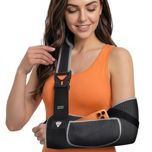 Arm Sling Shoulder Immobilizer for Men and Women - Shoulder Injury Breathable Mesh with Thumb Loop Padded Strap & Phone Pocket Adjustable Support for Rotator Cuff Dislocation Fracture Post-Surgery (Breathable Mesh Medium/Large)