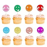 Arthsdite 24Pcs Preppy Smile Face Cupcake Toppers Colorful Glitter Star Lightning Y2k 2000s Pink Party Bachelorette Cupcake Picks for Preppy Y2k Theme Bachelorette Birthday Party Cake Decorations