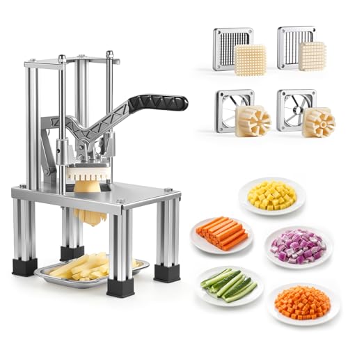 VEVOR Coupe Frites Manuel, Coupe Légumes en Bâtonnets Professionnel, pour Pomme de Terre Fruits Cuisine Restaurant, 4 Couteaux de Rechange en Inox 6 mm 9 mm...