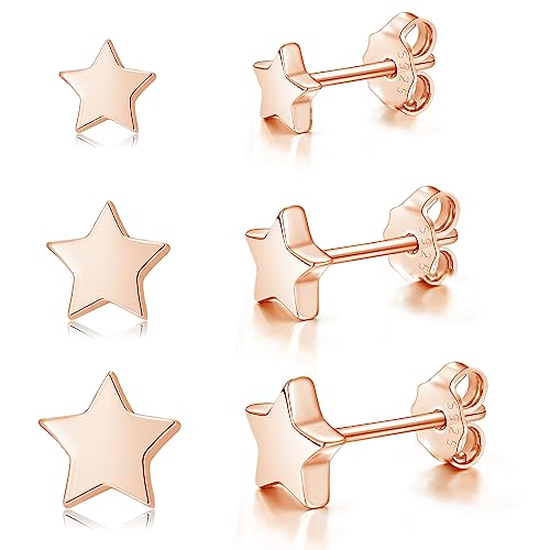 Loutade Damen 925 Sterling Silber Ohrstecker Set - 3 Paare Hypoallergen Stern Ohrringe Stecker, 4/5/6mm Flach Rose Gold für Mehrere Ohrlöcher