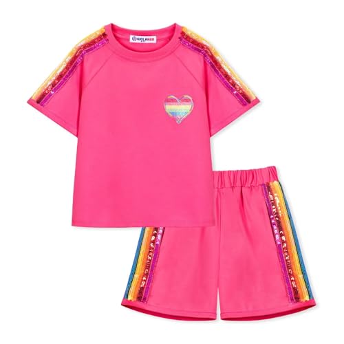 Image of WELAKEN Girls 2 Piece Outfit Kid Toddler Heart & Rainbow Sequin Striped T-shirt and Shorts Clothing Set