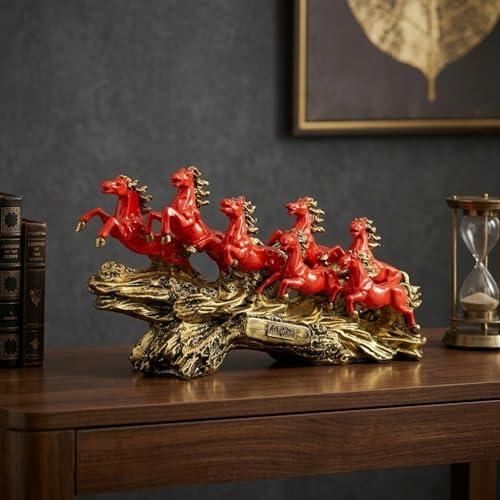 Image of eCraftIndia Golden & Orange Resin 7 Running Victory Horse Statue | Vastu Feng Shui Showpiece for Home Decor Office | Horse Figurine Good Luck Gift for Housewarming Birthday