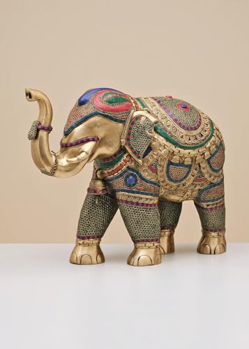 Image of Grand Brass Elephant Statue | Heavy Decorative Sculpture with Intricate Inlay Work | Solid Statement Piece for Luxury Interiors Entryway Accent and Gifting | Height 29 Inches