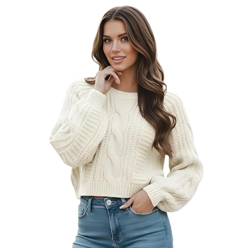 Grewear Womens Cropped Cable Knit Sweater Soft Long Sleeve Crewneck Pullover Casual Cozy Knit Top for Fall Winter Outfits Gift for Women White-XS