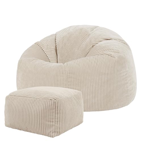 Icon Kingston Sitzsack mit Hocker Cord, Beige, Sitzsack Erwachsene mit Füllung, Bean Bag, Cord Sessel, Lounge Sessel, Lounge Stuhl, Schlafzimmer, Wohnzimmer, Wohnzimmer Möbel