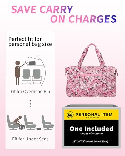 Ceneda Travel Duffle Bag - Quilted Weekender Overnight Bags For Women with Wet Pocket & Shoe Bag, Fits Airline Approved Personal Item Size (Pink Flower)2