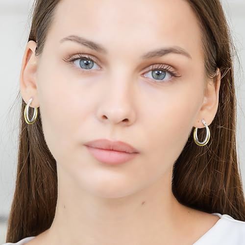 Hoops & Loops 925 Sterling Silver Two-Tone Intertwining Round Double Square-Tube Hoop Earrings for Women, 20mm, 25mm, 35mm Silver, Yellow Gold, Rose Gold, Black2