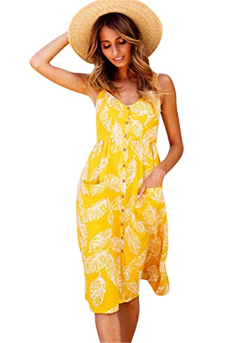 Image of YMING Womens Summer Spaghetti Strap Dresses Button Down Floral Sundress High Waist Swing Midi Dress with Pockets