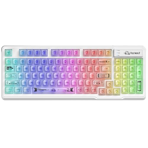 FREEWOLF M95 Teclado de Membrana con Cable con Teclas PBT Transparentes, Rainbow RGB Arcoíris, Teclado Gaming de 94 Teclas con Numérico, QWERTY, Escritura Silenciosa con Función Anti-Ghosting –Blanco