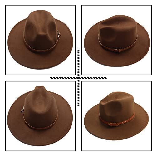 Koreshion Women Classic Fedora Hat Wool Wide Brim Felt Hats Jazz Cap With Belt Buckle Panama Hat (Coffee) #TOP5