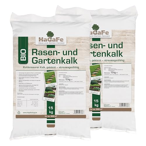 HaGaFe Bio Rasenkalk, Gartenkalk, Kalk, Düngekalk gegen Moos, Filz und Pilze im Rasen, fein gekörnt und staubarm, Gewicht: 30 Kg Für 600 M²