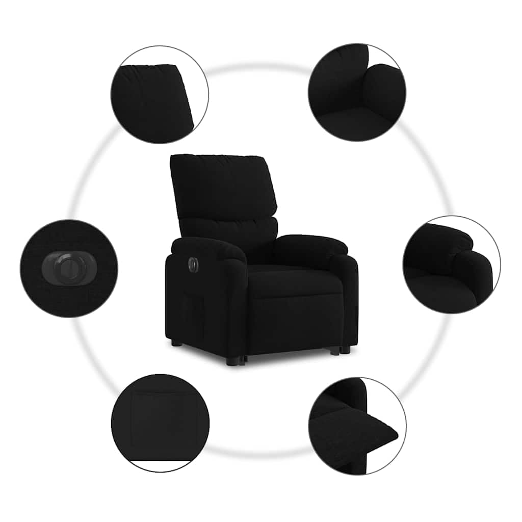 Sillón de relax eléctrico con ayuda para levantarse en tejido negro, respaldo ajustable manual hasta 135 grados, bolsillo lateral y ayuda para levantarse hasta 110 kg