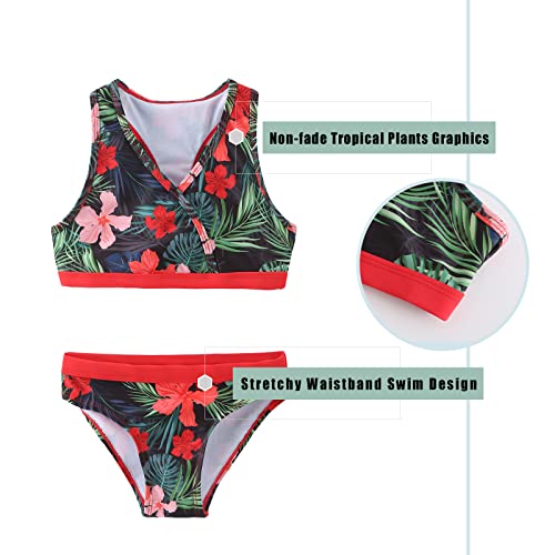 Image of Girls Two Piece Swimsuits Bikini Bathing Suit Kids Hawaiian Swimwear Set for Girls Red Floral Size 8 /7-8