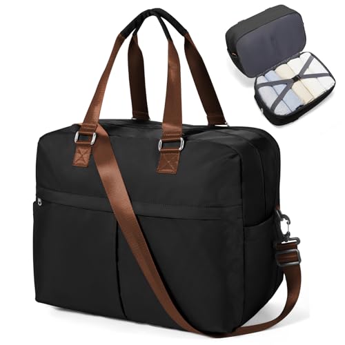 Image of Travel Duffle Bags for Women Men Expandable Personal Item Travel Bags Lightweight Weekender Overnight Carry on Bag for Airplanes Sport Gym Tote Ladies Beach Luggage Bag Black Brown