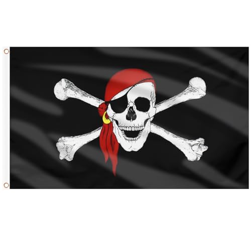 AhfuLife Grande Drapeau Pirate 90 x 150cm, 1Pcs Drapeau Jolly Rogger Double Face avec 2 Oeillets Métalliques pour Anniversaire sur leThème Pirate, Soirée Pirate...
