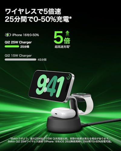 undefined 【Amazon.co.jp限定】Belkin Qi2 25W ワイヤレス充電器 3 in 1 世界初 充電スタンド Qi2公式認証 MagSafe マグセーフ 急速充電 iPhone Apple Watch アップルウォッチ Google Pixel 10 Pro XL サンドホワイト WIZ040dqSD ※Amazon.co.jp限定 壁紙ダウンロード付き の商品画像 6