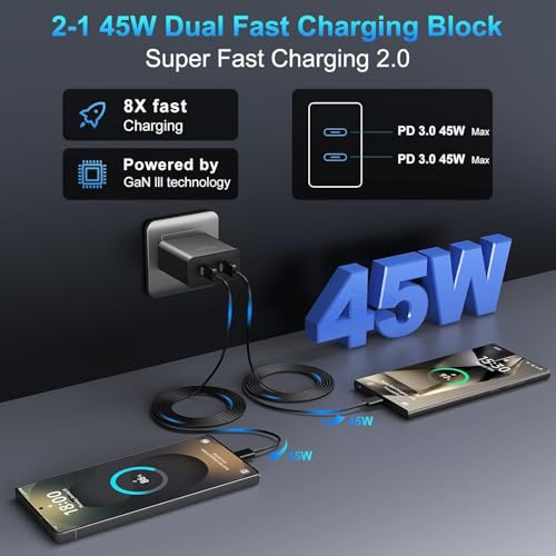 45W Dual Super Fast Charging Block and Long USB C to C Cable 10ft,Type C Wall Plug and Android Phone Charger Cord for Samsung Galaxy S26 Ultra/S25/S24/S23+/S22 Plus/S21/Note 20/iPhone 17 16 15 Pro Max - image 2
