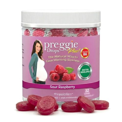 Three Lollies Preggie Drops Plus with Vitamin B6, Pregnancy Nausea Lozenges for Moms-to-Be, Sour Raspberry Morning Queasiness Lozenges with Essential Oils for Pregnant Women, 32 Count