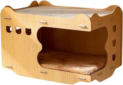 GEBYUI 木の色 2 段式キャットハウス 冬用柔らかいクッション付き猫ベッド ホール・寝室・リビングルーム小スペース対応 多機能ペットハウス