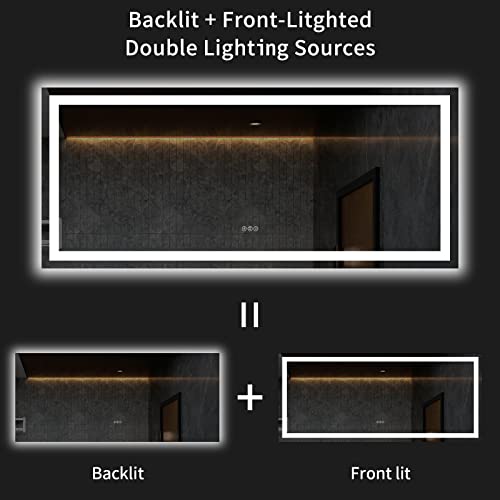 LOAAO 60X28 LED Bathroom Mirror with Lights, Anti-Fog, Dimmable, Backlit + Front Lit, Lighted Bathroom Vanity Mirror for Wall, Memory Function, Tempered Glass, ETL Listed