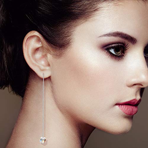 CAT EYE JEWELS 925 Sterling Silver Swarovski Element Crystal Color Changing White Long Chain Threader Earrings for Women Girls