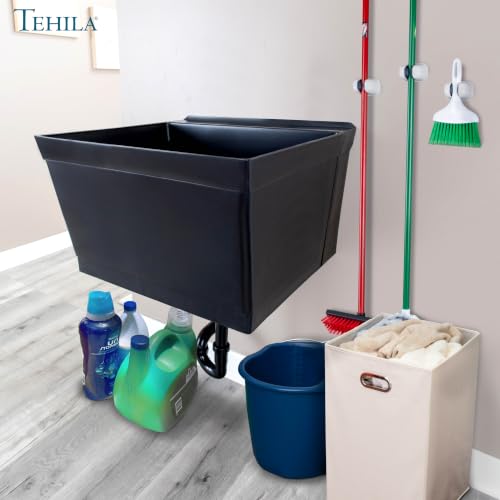 Image of JS Jackson Supplies Tehila Black Wall-Mounted Utility Sink Tub Kit, Wall-Mounted Utility Tub with Wall Bracket, Floating Utility Sink for Laundry Room, Garage, Workshop, and More