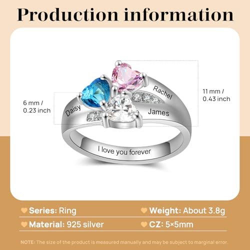 925 Sterling Silver Personalized Infinity Mothers Rings for Women Custom Engagement Rings with 1~8 Heart Stones & Names - Wedding Promise Mother’s Day Gift For Women Grandma Mom Her2