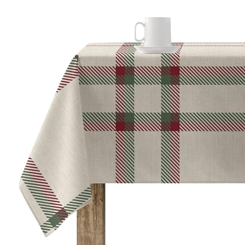 BELUM | Mantel Navidad Diámetro 140 Redondo 100% algodón resinado Antimanchas (Tacto no plastificado) Modelo Cuadros Navidad