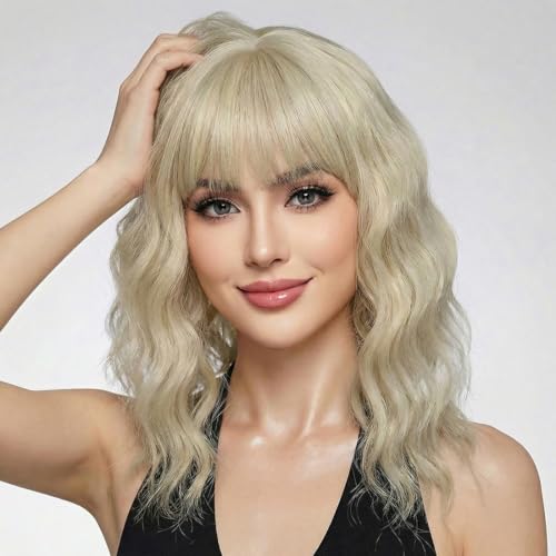 Image of Pastel Dark Blonde Wavy Bob Wig for Women, Short Shoulder Length Synthetic Wig with Bangs, Matte Natural Realistic Look Lightweight Hairpiece, Blonde Color for Daily Wear & Cosplay Costume