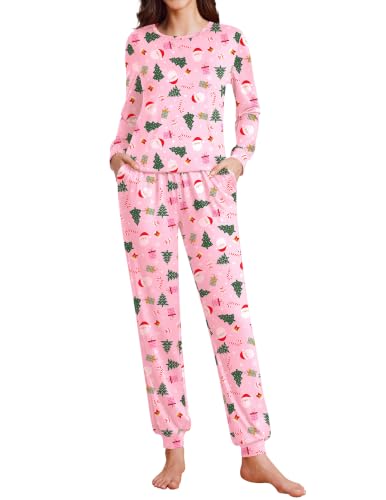Ekouaer Womens Pajama Sets Long Sleeve Pjs Pink Santa Christmas Print XS - image 1