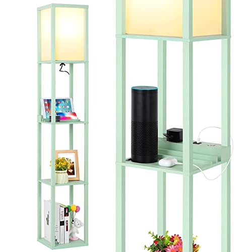 Folksmate Touch Control Shelf Floor Lamp, Modern Dimmable Led Floor Lamps With Shelves, 2 Charging Usb Ports And Power Outlet, Skinny Standing Lamp For Living Room, Bedroom, Bedside, Kids Room, Green #TOP22