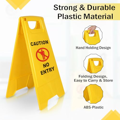 Image of GLUN Caution Sign Board No Entry, Size 24 * 15 * 12 Inch Bright Yellow Colour Clear & Bright Font PP Material, UV Resistant, Two-Side Floor Sign Board