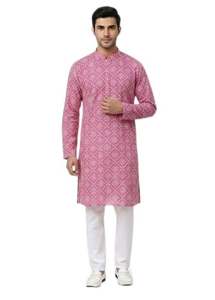 Men's Pink Bandhani Print Kurta with White Pyjama Set (S)-image-11