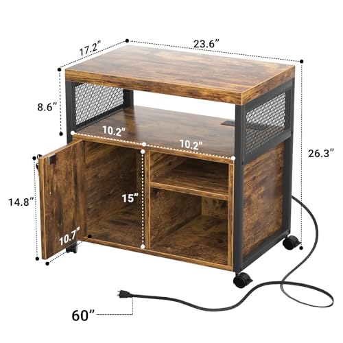 Unikito Lateral File Cabinet, Locking Office Filing Cabinets with Socket and USB Charging Port, Modern Rolling Printer Stand with Storage for A4, Letter Size and File Folders, Rustic Brown