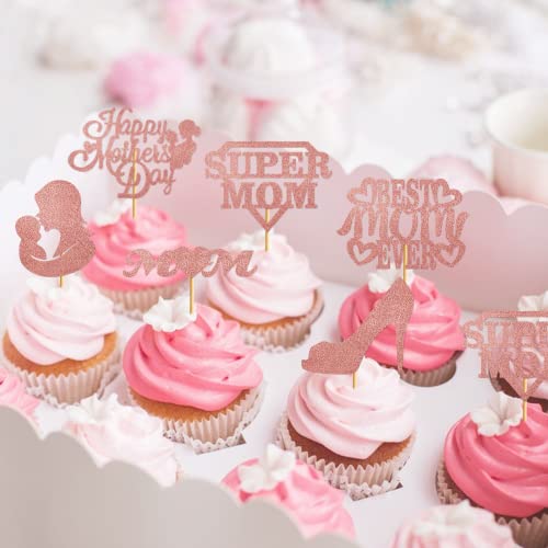 24Pcs Mothers Day Cupcake Toppers Happy Mothers Day Cupcake Topper Happy Mothers Day Cupcake Picks Mom Cupcake Topper Happy Mother's Day Theme Party Cake Decorations Supplies (Rose Gold) #TOP2