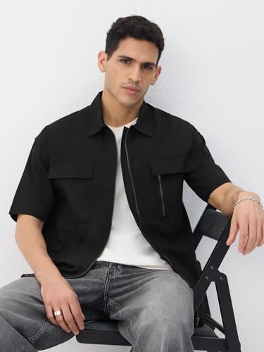 Image of The Souled Store Zipper Shirt: Men and Boys Short Sleeve Spread Collar Zipper Front Solid Textured Regular Fit Casual Easy to Style Everyday Office Wear Cotton Shirt