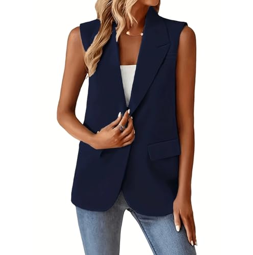 Chaleco Mujer Vestir,Blazer Sin Mangas para Mujer, Estilo Vintage, con Solapa con Muescas, Largo, para Oficina, con Forro Completo, Chaqueta De Un Botón con Bolsillos, Talla Grande, Color Negro, 3X