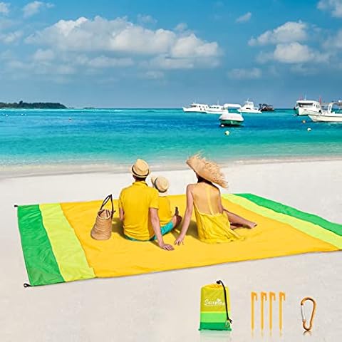 Sunogla Waterproof Beach Blanket 118'' X 106'' Oversize Beach Blankets for 1-8 Adults Beach Mat Sand Free, Quick Drying, Lightweight & Durable with 4 Ground Stakes & 4 Corner Pockets Cover