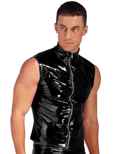 Mens Sleeveless PVC Leather Zipper Jacket Wet Look Stand Collar Vest Slim Fit Tank Tops3