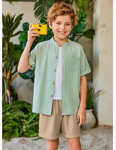Image of Arshiner Boy's 2 Piece Beach Outfit Short Sleeve Textured Button Down Shirt and Short Sets Summer Vacation Wear 4-12 Years
