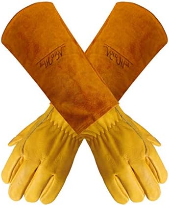 Garden Leather Gardening Gloves for Women and Men | Thorn and Cut Proof Garden Work Gloves with Long Heavy Duty Gauntlet | Suitable For Thorny Bushes Cacti Rose Pruning Landscaping Work (Large)