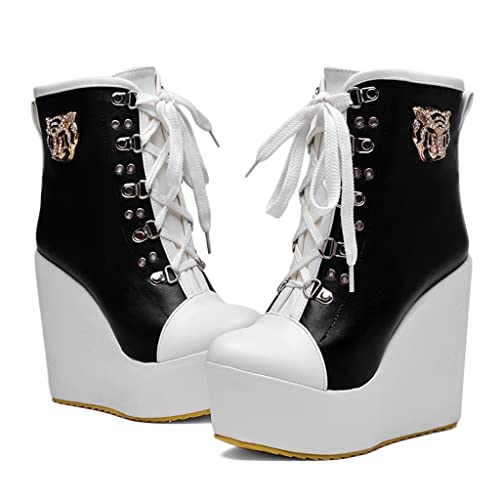 Women's Round Toe Wedge Platform Dress Ankle Boots Lace Up Chunky High Heels Dressy Short Booties3