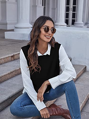 Verdusa Women's Casual Split Round Neck Sleeveless Pullover Top Sweater Vest Black M #TOP4