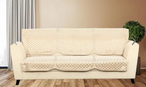 Image of Soild Premium Velvet Jaquard Fabric Sofa Cover for 7 Seater Sofa Set Slipcover for 3 Seater and 2+2 Seater Sofa Panel (7 Seater, Star Design Beige Color)