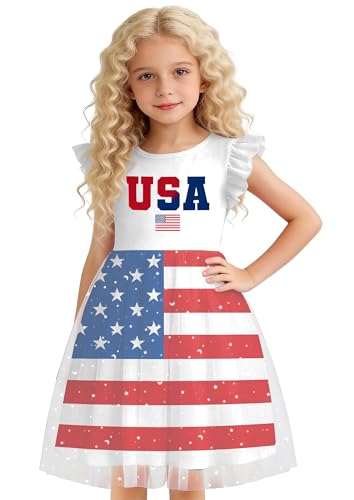 Image of Girls 4th of July Dress American Patriotic Outfit USA Independence Day Clothes Flutter Sleeve Tulle Tutu Dress 5-14y