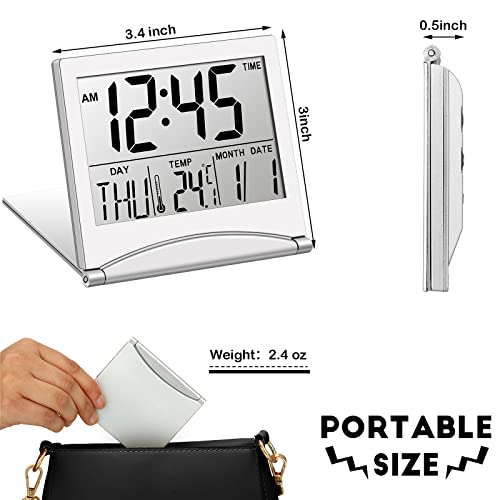 2 Pieces Digital Travel Alarm Clock Battery Operated Foldable Lcd Clock With Calendar Temperature Snooze Mode Multifunction Small Desk Clock Portable Clock Large Display Desk Clock (Black, Silver) #TOP1