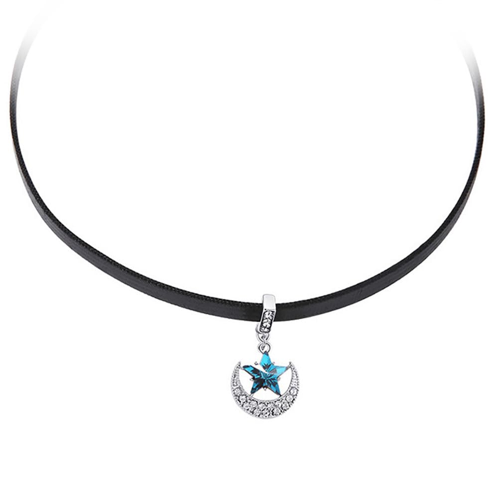 PONCTUEL ESCARGOT Blue Shining Star Crystal Moon Pendant Choker Rhinestone Moon Star Choker Necklace Black Pu Chain Women Y2k Necklace Gift